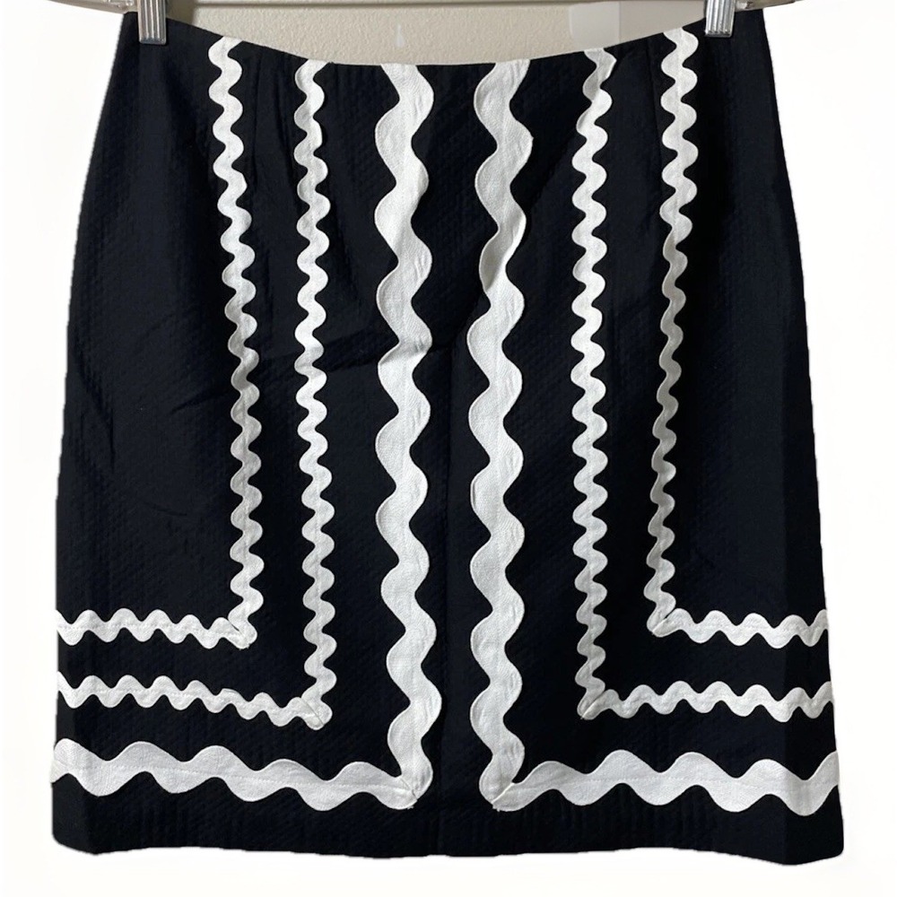 J McLaughlin Skirt Womens 12 Black White Ric Rac Trim Textured Made USA Side Zip